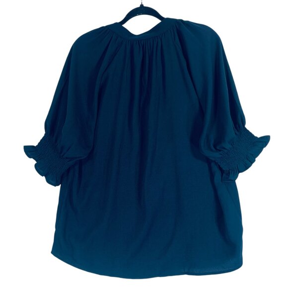 boho puff sleeve 3/4 length ruffled collar string tie blouse dark navy sz xl - Picture 3 of 15